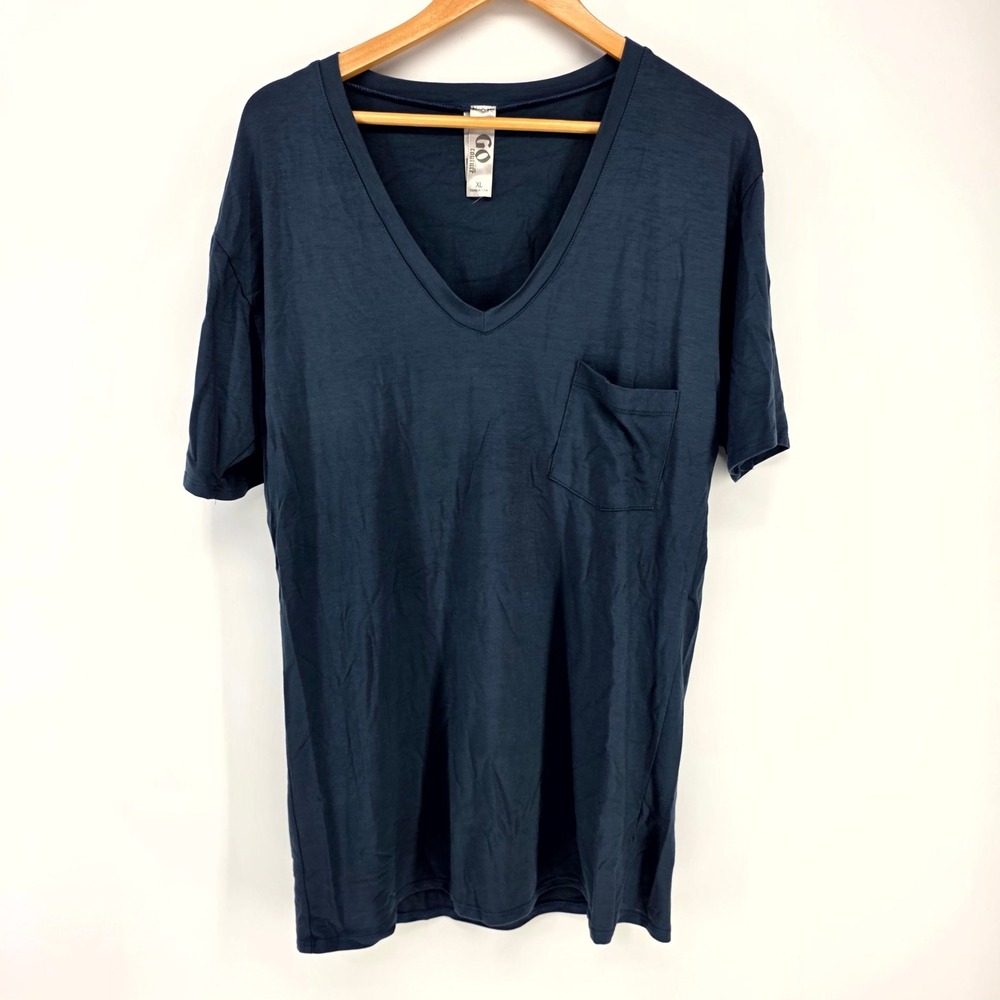 Go Couture T-Shirt Womens XL Navy Blue V-Neck Pocket Micro Modal Short Sleeve